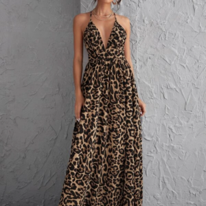 Vestido Longo Com Estampa de Onça