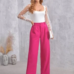 Calça Feminina Pantalona Rosa Cintura Alta