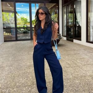Calça Feminina Pantalona Azul Marinho Alfaiataria