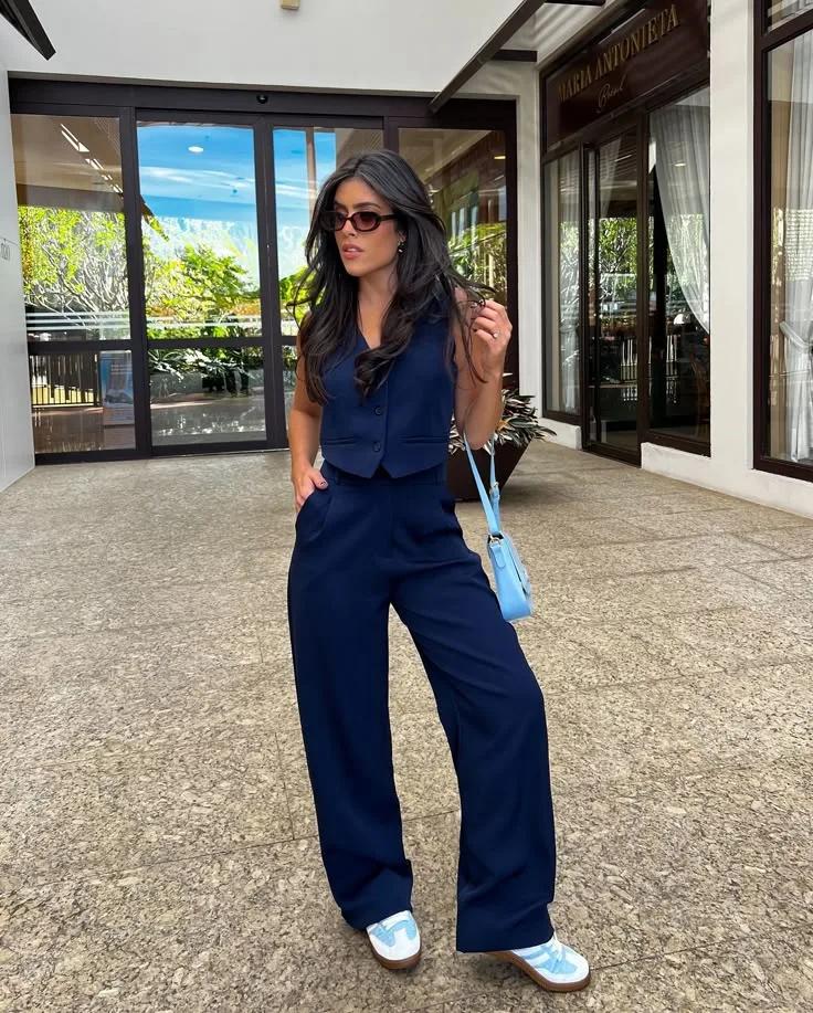 Calça Feminina Pantalona Azul Marinho Alfaiataria