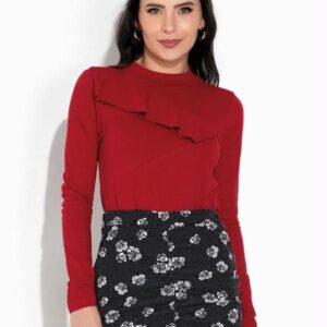 Blusa Feminina Manga Longa Vermelha com Babado
