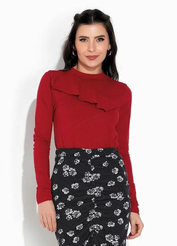 Blusa Feminina Manga Longa Vermelha com Babado